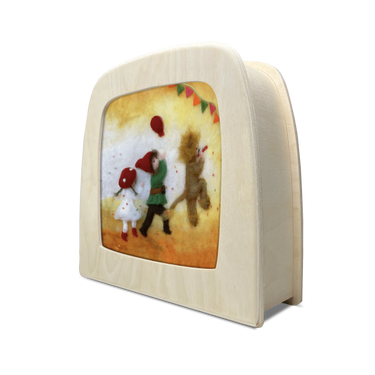 Wooden Toverlux lamp with a decorative scene of three children on a white background