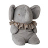 A plush gray elephant toy with a small embroidered brown eye and a ruffled beige collar with a subtle floral pattern, shown against a plain white background.