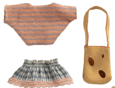 A three-piece doll clothing and accessory set on a plain white background, featuring a striped knit top, a striped skirt with a ruffled hem, and a textured shoulder bag with a cheese-like design.