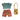 A three-piece doll clothing and accessory set on a plain white background, featuring a short-sleeve knit top in blue and orange stripes, a pair of terracotta knit shorts, and a tan felt shoulder bag with dark brown circular details.