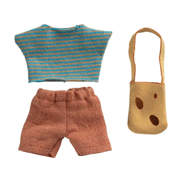A three-piece doll clothing and accessory set on a plain white background, featuring a short-sleeve knit top in blue and orange stripes, a pair of terracotta knit shorts, and a tan felt shoulder bag with dark brown circular details.