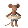 Stuffed toy mouse holding a life preserver on a white background