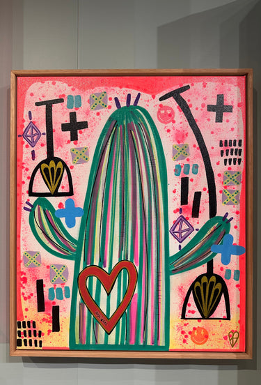 Abstract artwork with colorful shapes and patterns on a pink background