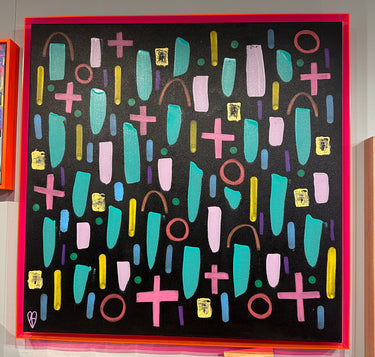original abstract painting, black background with colourful motifs in a bright orange acrylic frame
