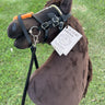Hobby horse with bridle and a tag on a grassy background
