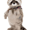 Stuffed raccoon toy wearing a plaid scarf on a white background