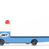 Wooden toy tow truck with a blue body, white top, and red light on a white background