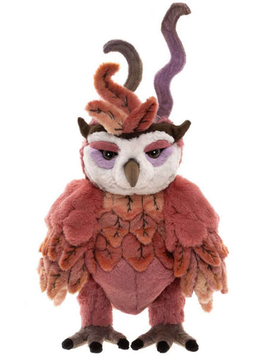 Plush toy owl with decorative headpiece on a white background
