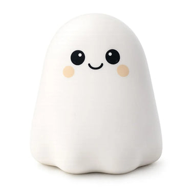 Cute ghost-shaped night light with a smiling face on a white background