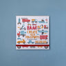 Children's stamp book with transportation-themed designs on a blue background