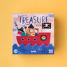 A Puzzle called Discover The Treasure which has a picture of a joyful illustration of a red boat, a blue wave, a pirate flag and some pirates, on a yellow background