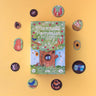 Children's puzzle packaging with colorful wooden pieces on a yellow background