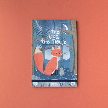 Puzzle cover of 'The Fox & The Mouse' with a fox and mouse illustration on a blue cover, against an orange background.