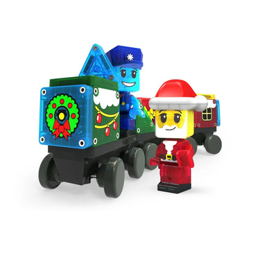 Toy train set with a Santa Claus figure on a white background