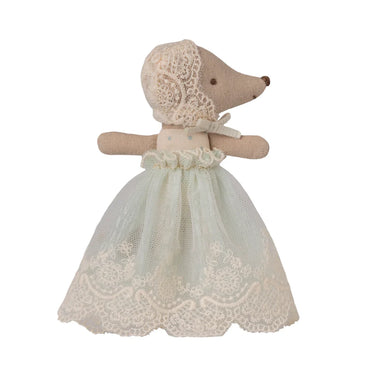 Stuffed Maileg toy with a lace dress on a white background