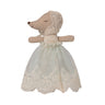 Stuffed Maileg toy resembling a mouse in a lace dress and bonnet on a white background