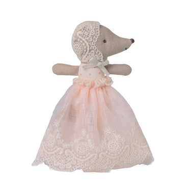 Stuffed Maileg toy with a lace dress on a white background