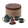 Maileg Christmas Tea Party, a metal teapot, two cups, plate and polyresin cake in a 7cm tin