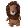 A plush lion toy with a brown fabric body, shaggy dark brown mane, and a white muzzle, photographed against a plain white background.