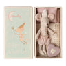 Maileg mouse toy with a heart-shaped object in a box, featuring 'Dream & Tooth Fairy' text.