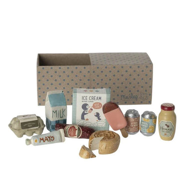 Set of Maileg toy food items and a box with a polka dot pattern on a white background
