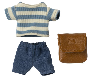 Knitted outfit with striped shirt, shorts, and brown pouch on a white background
