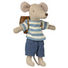 Stuffed mouse toy wearing a striped sweater and shorts with a backpack on a white background