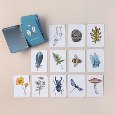 Playing cards with drawings of nature laiud out in a game of memory on a beige background, next to their metal tin