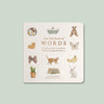 Book titled 'Our Big Book of Words' with illustrations on a light green background