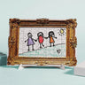 Jigsaw puzzle with a decorative frame featuring stick figures holding hands on a light blue background