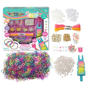 Rainbow Loom bracelet kit with colorful rubber bands, beads, and tool on a white background
