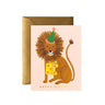 a birthday card with a lion holding a birthday present with a gold card
