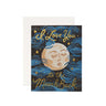 Greeting card with 'I Love You to the Moon & Back' text and moon design on a blue and black background.