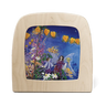 Wooden box with a colorful fairy scene on a blue background