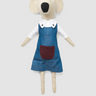 Stuffed koala toy in a blue dress, white shirt and maroon pocket on a white background