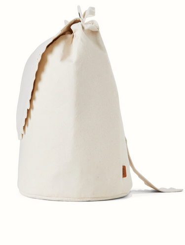 White drawstring bag shaped as a friendly crocodile on a white background