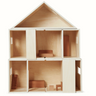 Wooden dollhouse with furniture on a white background