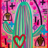 Colorful abstract artwork with a cactus and heart design on a pink background