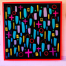 Colorful abstract art piece with geometric shapes on a black background, framed in orange acrylic.