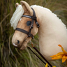 Hobby horse head with bridle and reins in a natural setting with flowers.