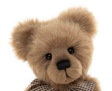 Close-up of a teddy bear with a checkered bow tie on a white background