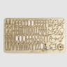 A set of wooden letters and symbols in ply wood on a white background  