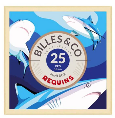 A box with pictures of sharks on a white background 