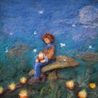 A soft, textured fantasy artwork showing a child-like figure sitting on a mushroom in a blue, dreamy landscape, holding a glowing lantern. The scene includes floating white shapes and warm glowing orbs across the ground.