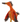 A plush toy bird with a bright orange body, brown beak, gray and black feather details, and a small blue fabric tag.
