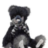Charlie Bears Sebastian, a 58cm bear in navy, grey and black plush with a grey and black diamond-pattern scarf