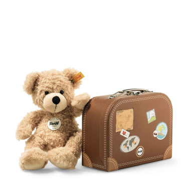 Steiff Plush Teddy Bear, Fynn with his Brown Suitcase, Beige 28cm