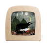 Wooden Toverlux lamp with a painted scene of a magical woman and some black bears in a forest at night.