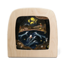 Wooden table lamp with a painted scene of a woman and animals under a night sky.