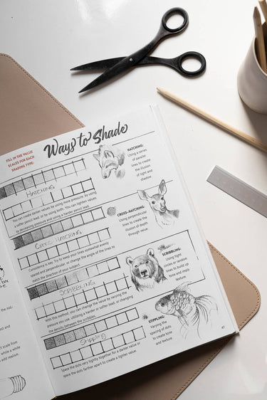 A table showing art supplies and an open book giving examples of ways to shade a drawing